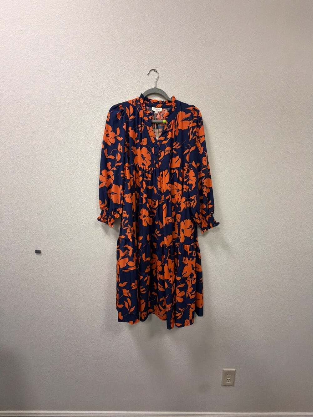 Umgee Floral Tiered Midi Dress Size S Navy Orange Ruffled Long Sleeve